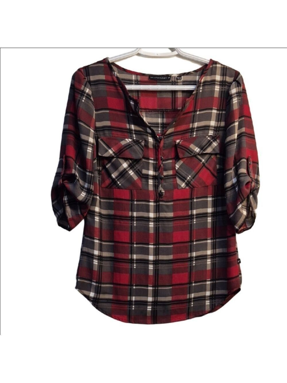 William Rast Red and Gray Plaid Button-Front Tunic